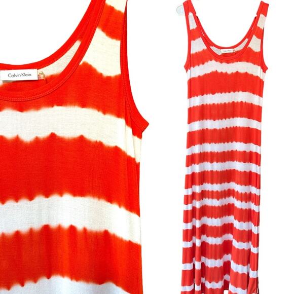 Calvin Klein Striped Maxi Dress Sleeveless Scoop
Neck Size 6 Casual Orange White - Picture 2 of 4